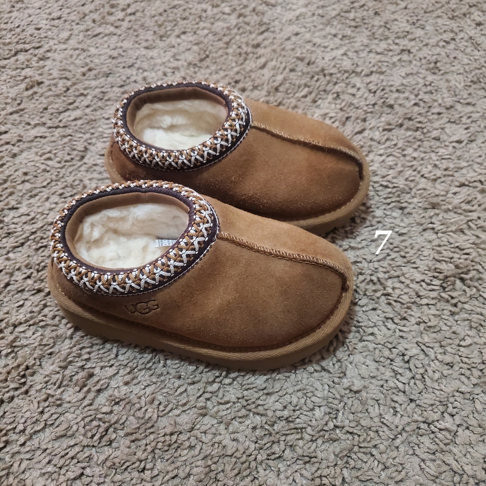 UGG Kids Tan Slippers with Patterned Trim